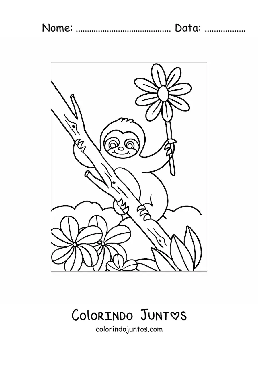 Desenho para colorir de bicho-preguiça animado kawaii com flores de primavera
