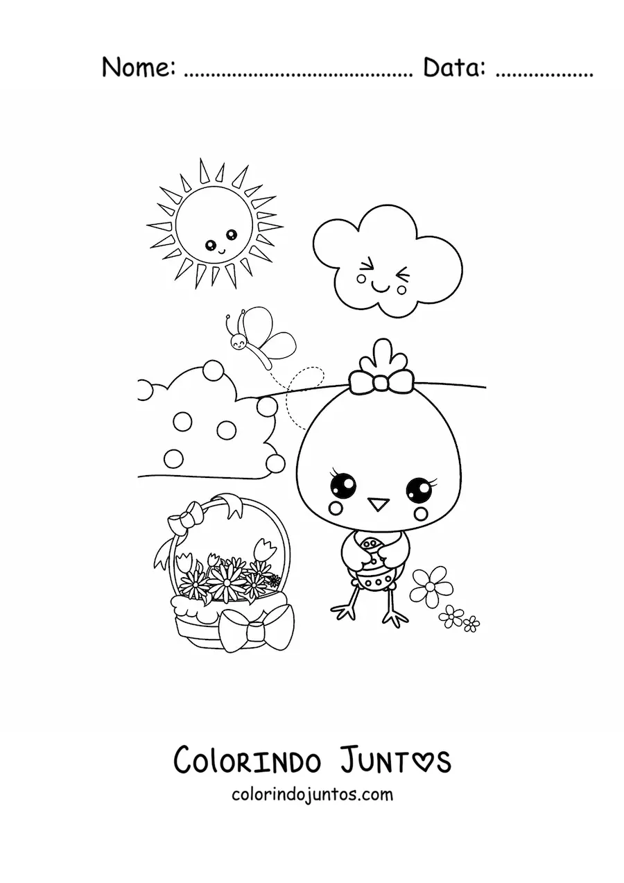 Desenho para colorir de pintinho kawaii na primavera