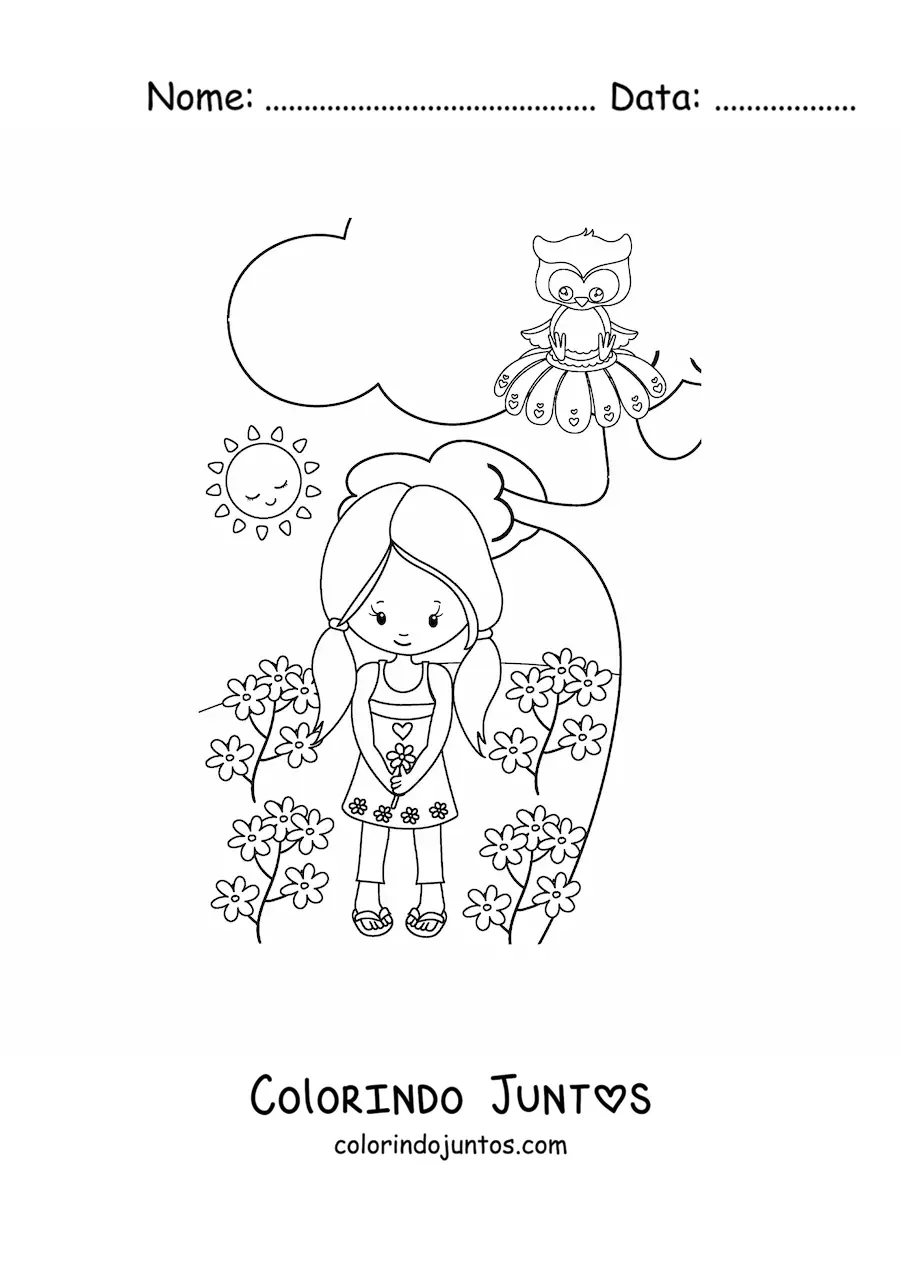 Desenho para colorir de menina kawaii em campo primaveril