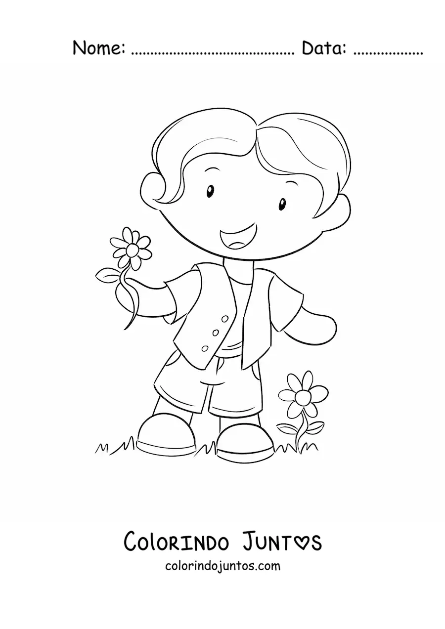 Desenho para colorir de menino animado com flores de primavera