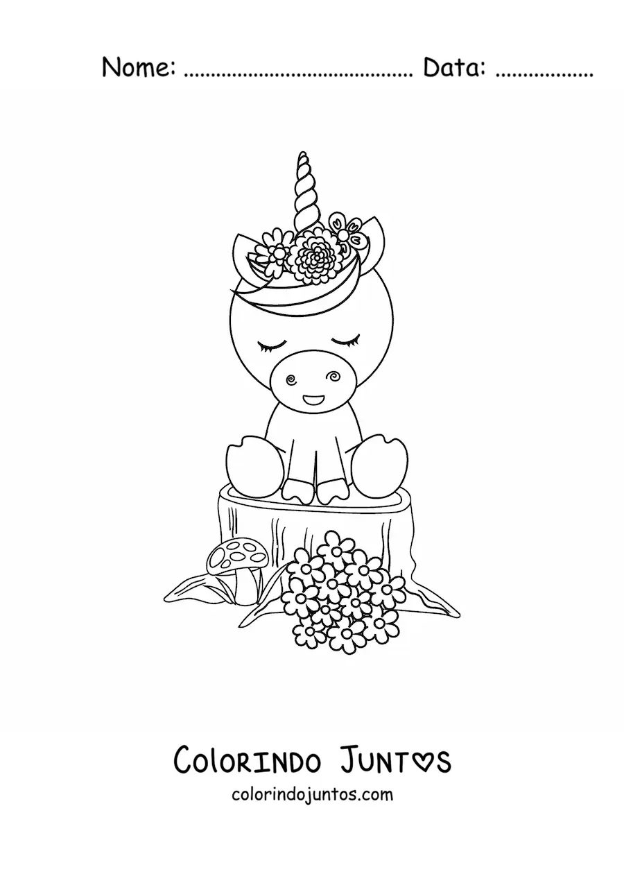Desenho para colorir de unicórnio kawaii com flores de primavera