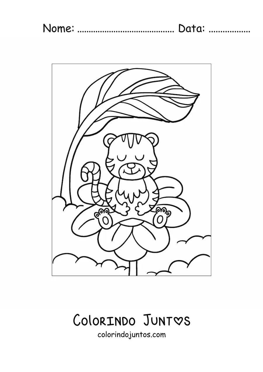 Desenho para colorir de tigre kawaii animado em flor de primavera