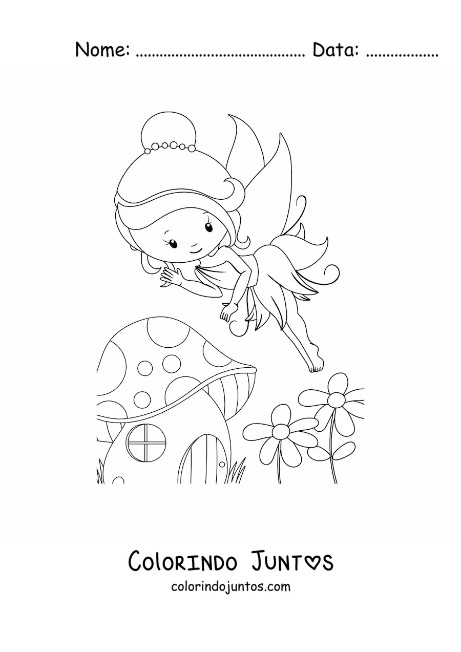 Desenho para colorir de fada kawaii voando na primavera