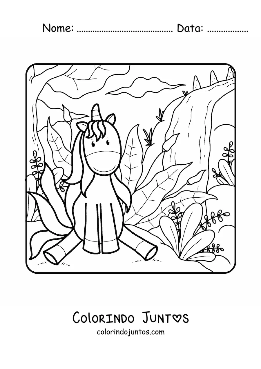 Desenho para colorir de unicórnio animado sentado em campo de primavera