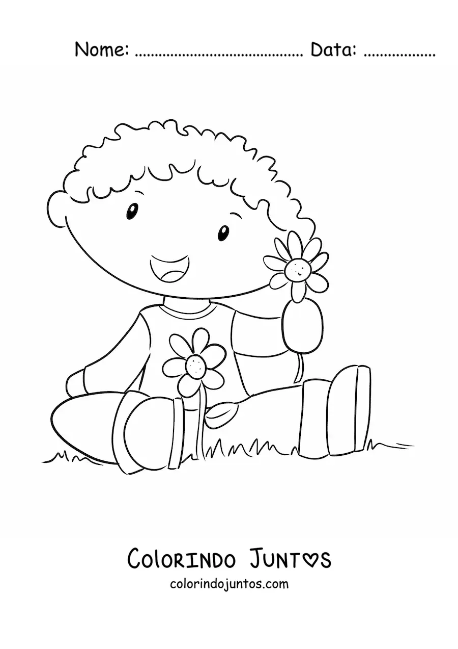 Desenho para colorir de menino kawaii no campo na primavera