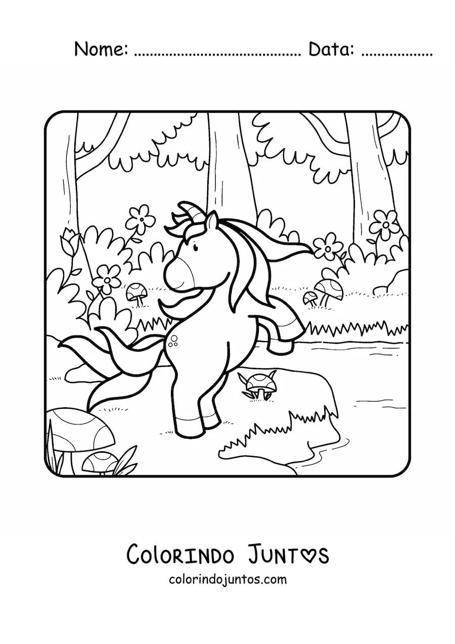 Desenho para colorir de unicórnio na primavera na floresta