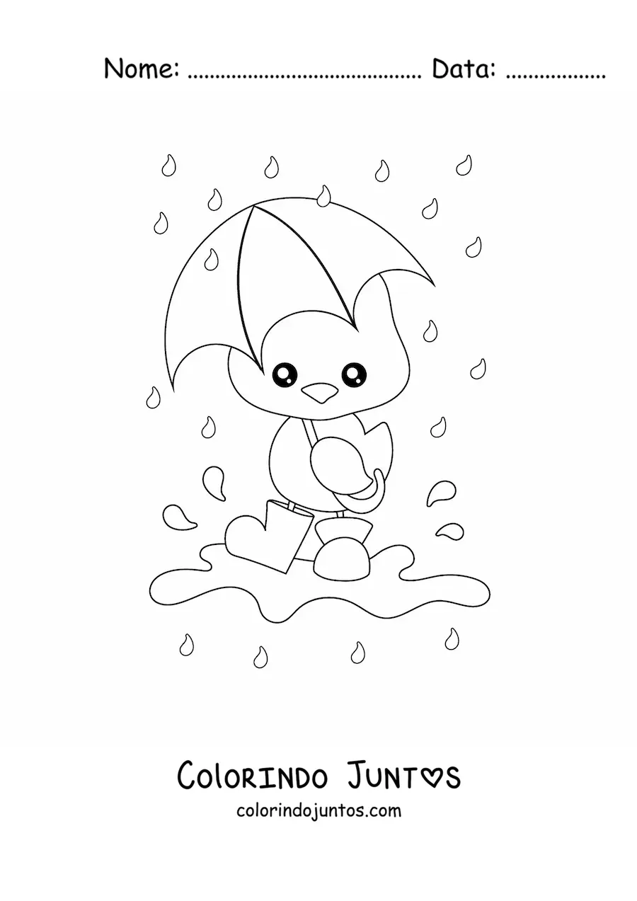 Desenho para colorir de pintinho kawaii sob a chuva de primavera