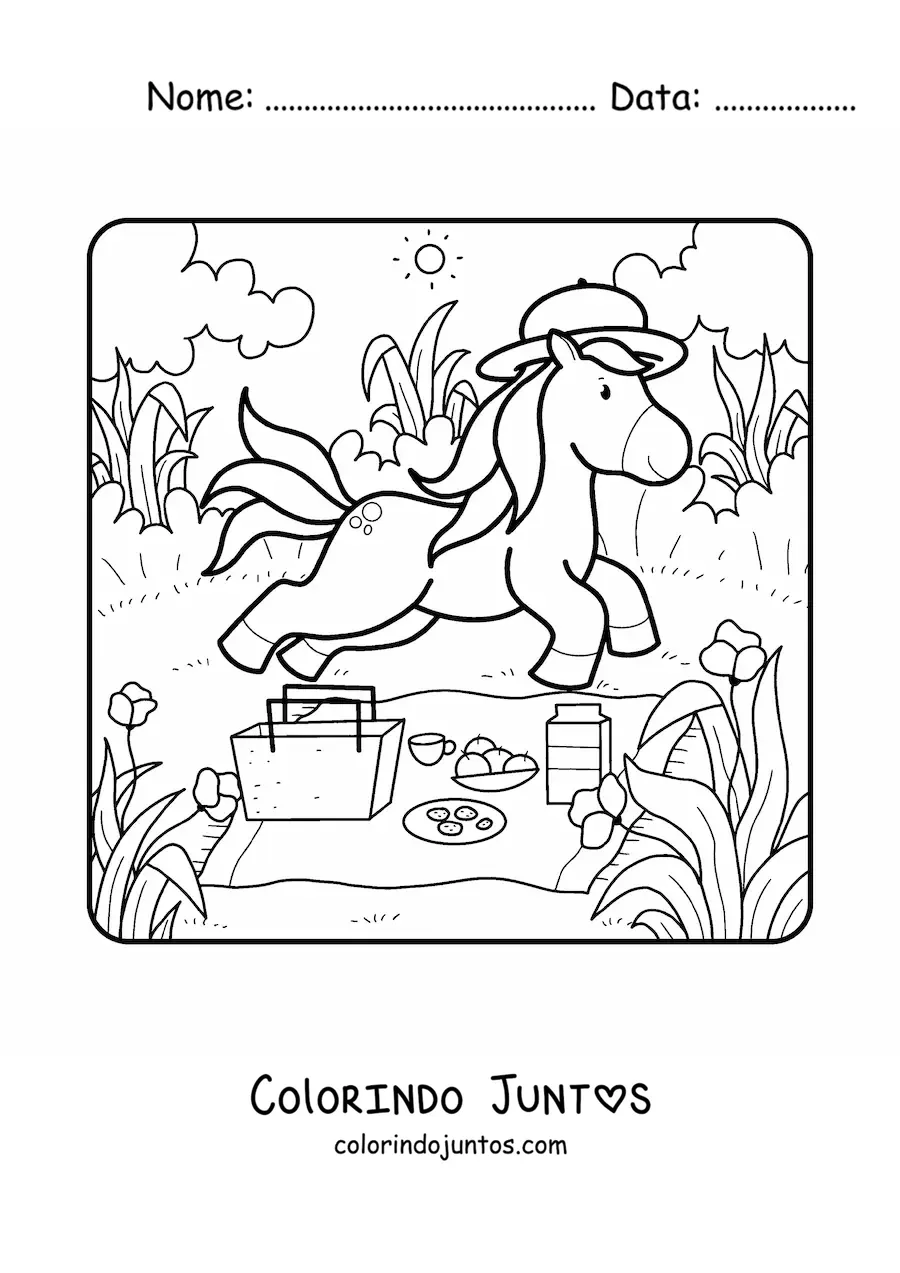 Desenho para colorir de unicórnio animado em piquenique de verão