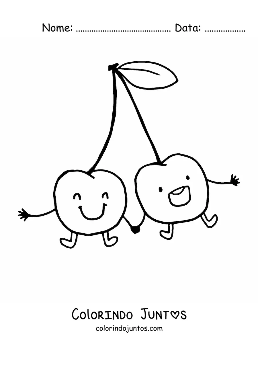 Desenho para colorir de duas cerejas kawaii de mãos dadas