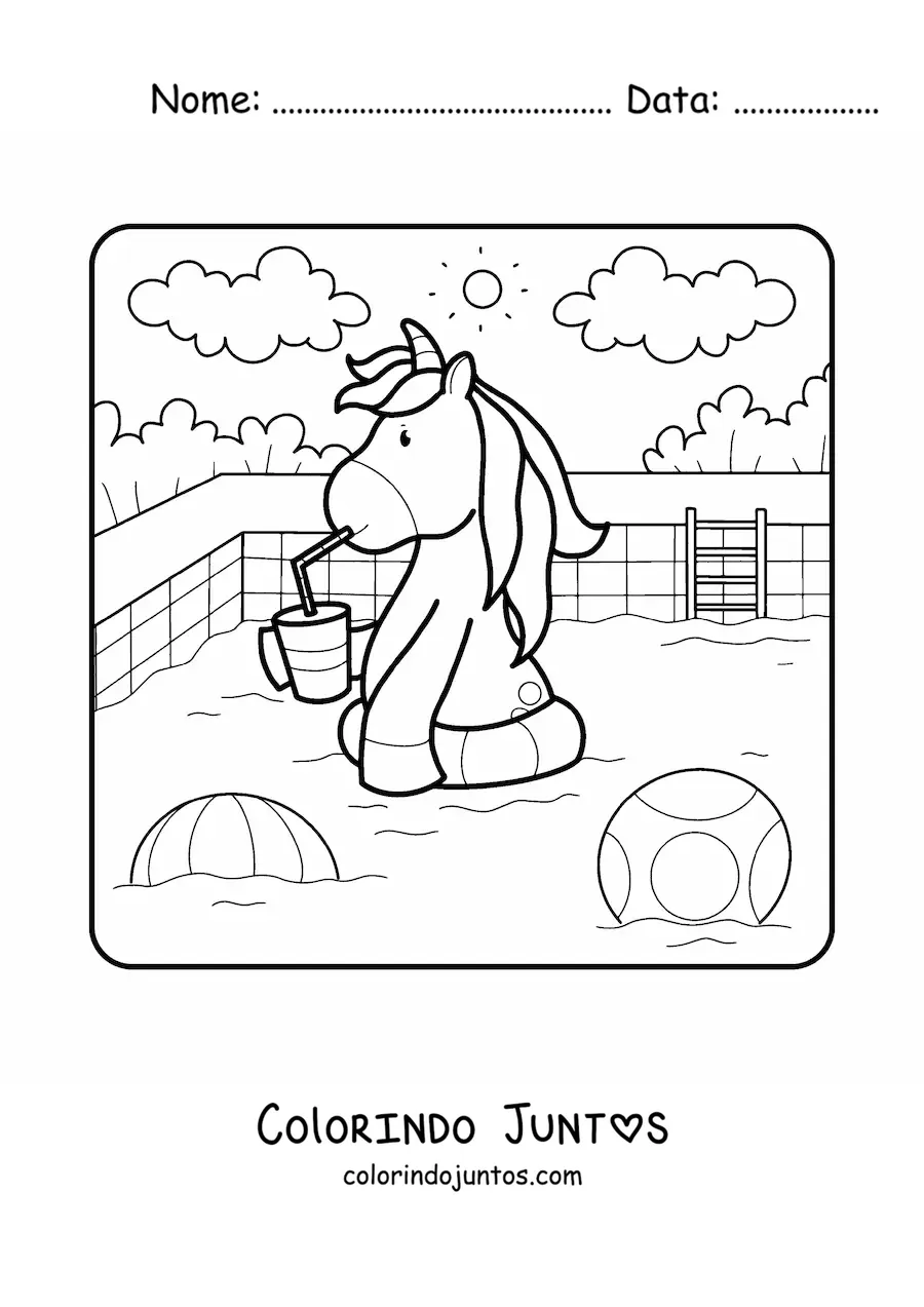 Desenho para colorir de unicórnio animado na piscina de verão