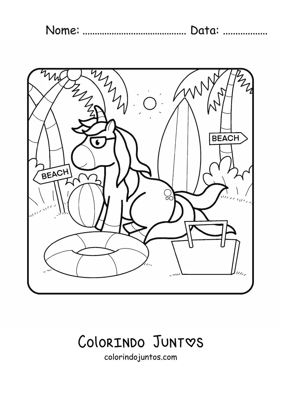 Desenho para colorir de unicórnio nas férias de verão