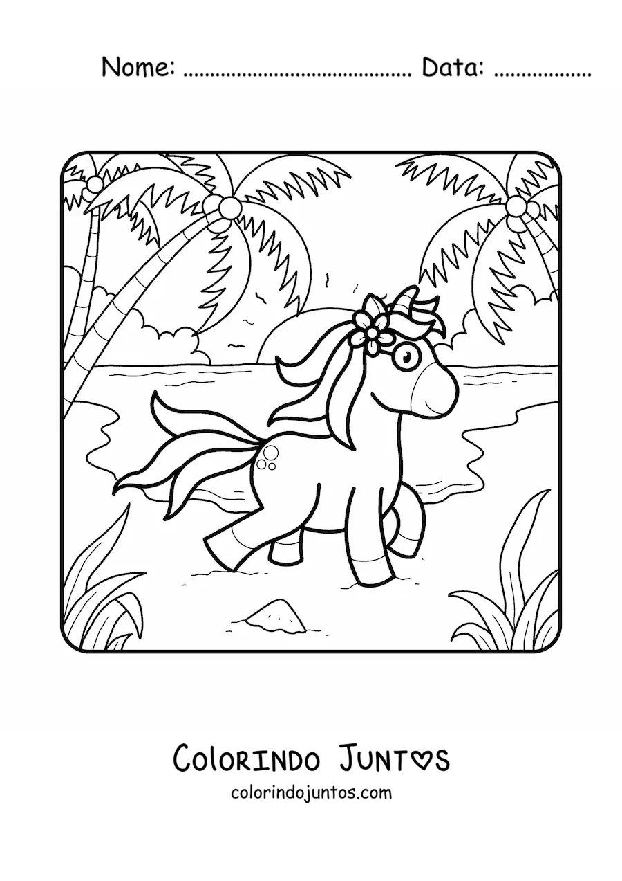 Desenho para colorir de unicórnio passeando no verão