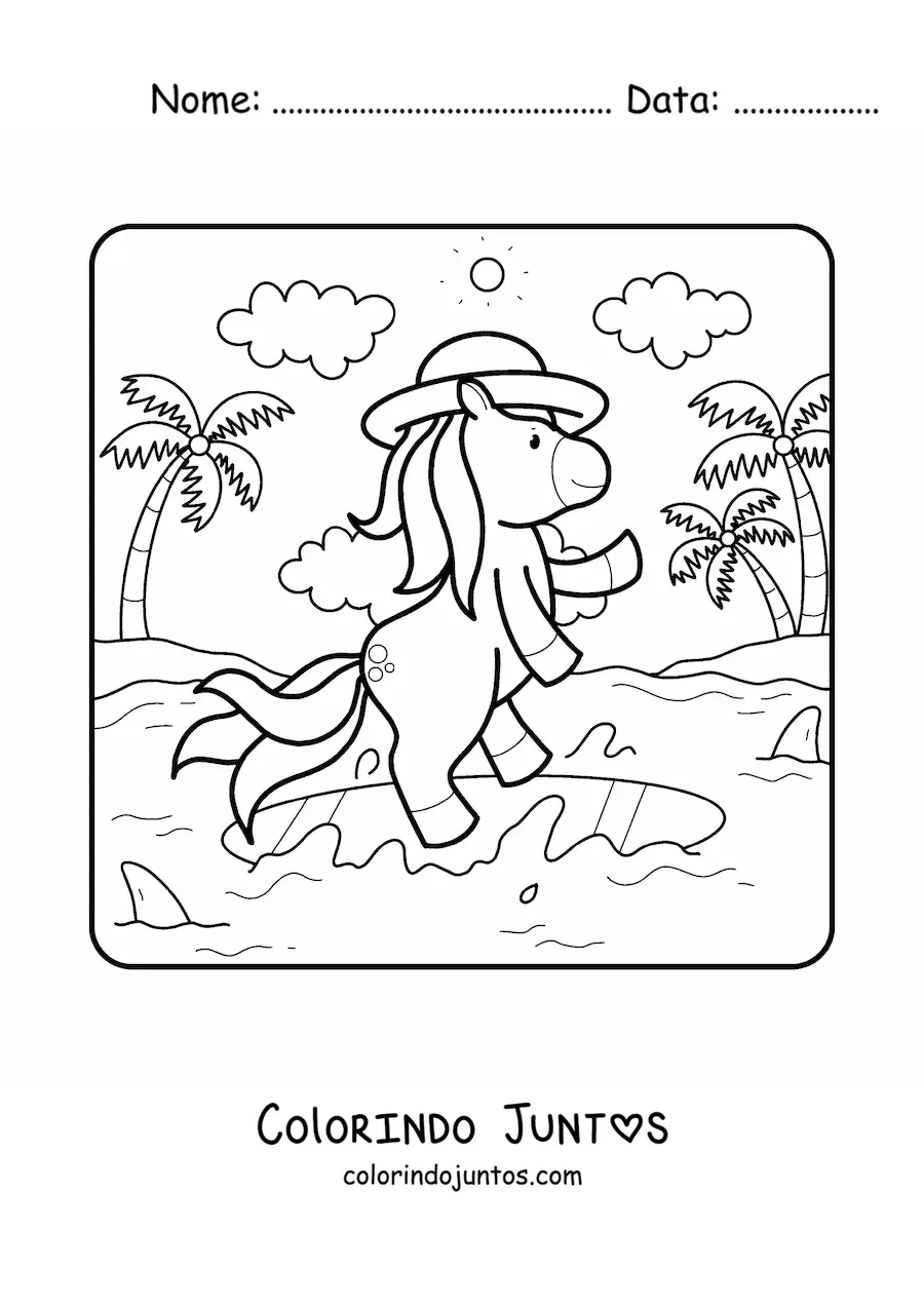 Desenho para colorir de unicórnio em uma paisagem de verão