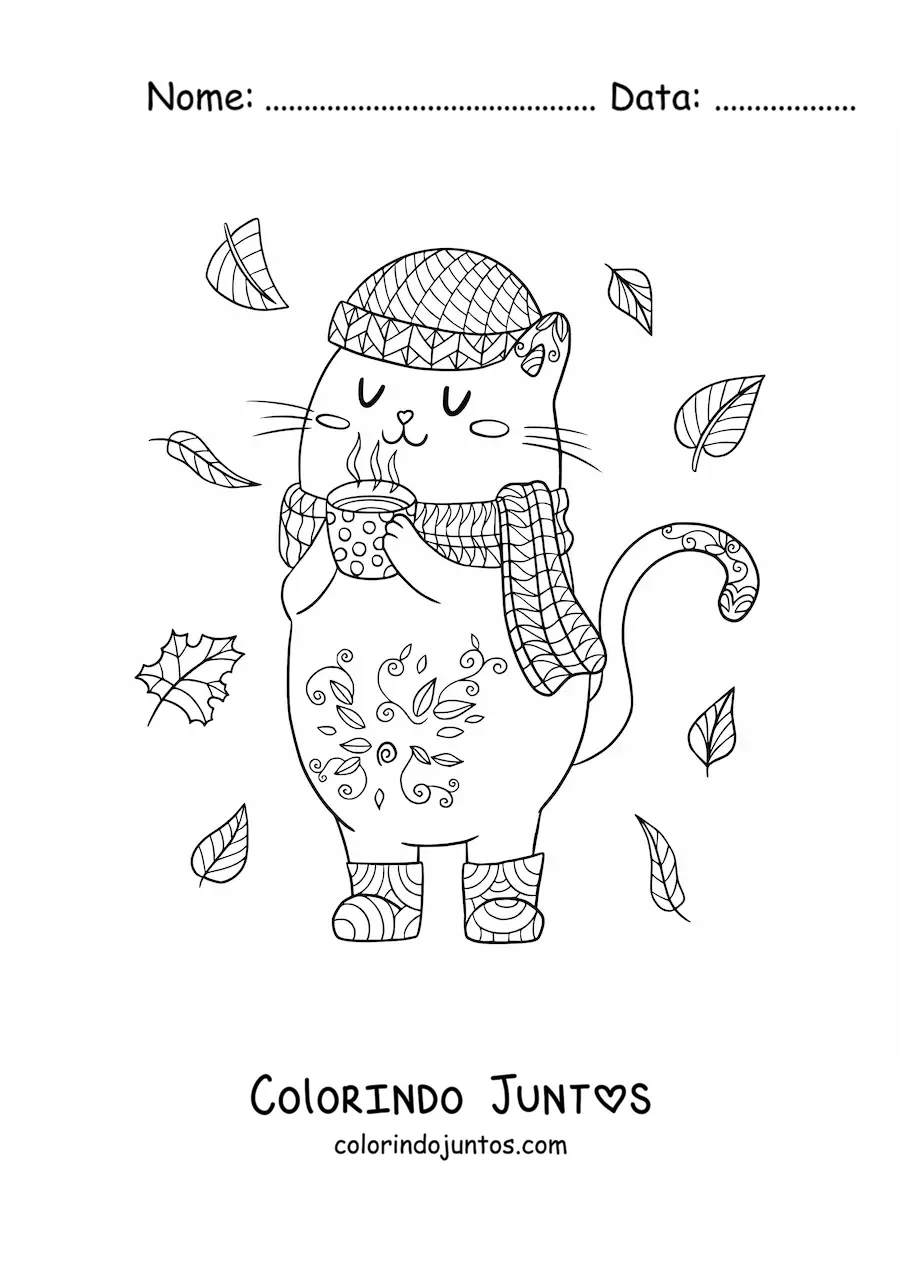 Desenho para colorir de gato kawaii animado no outono