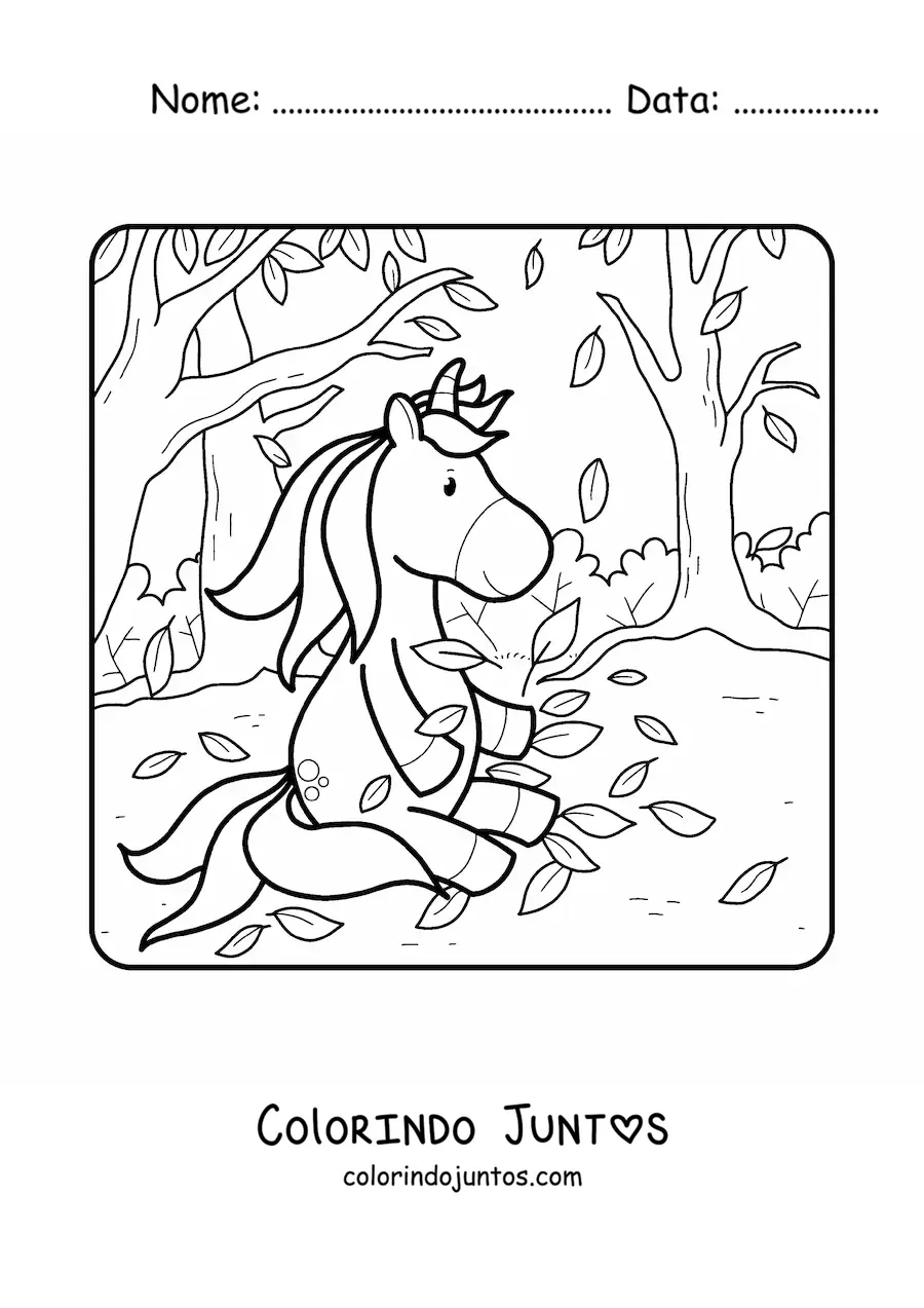 Desenho para colorir de unicórnio brincando com folhas de outono