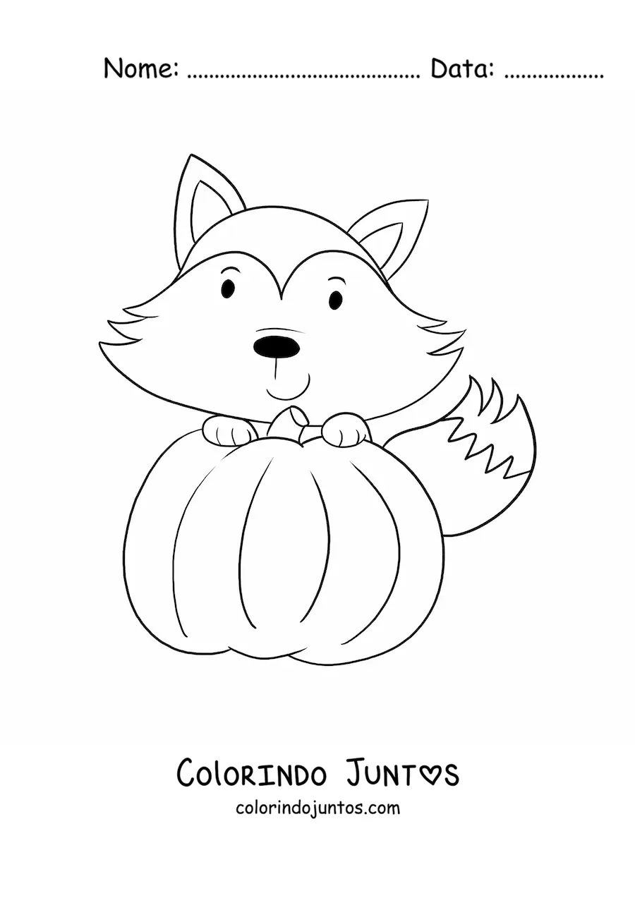 Desenho para colorir de raposa kawaii com abóbora