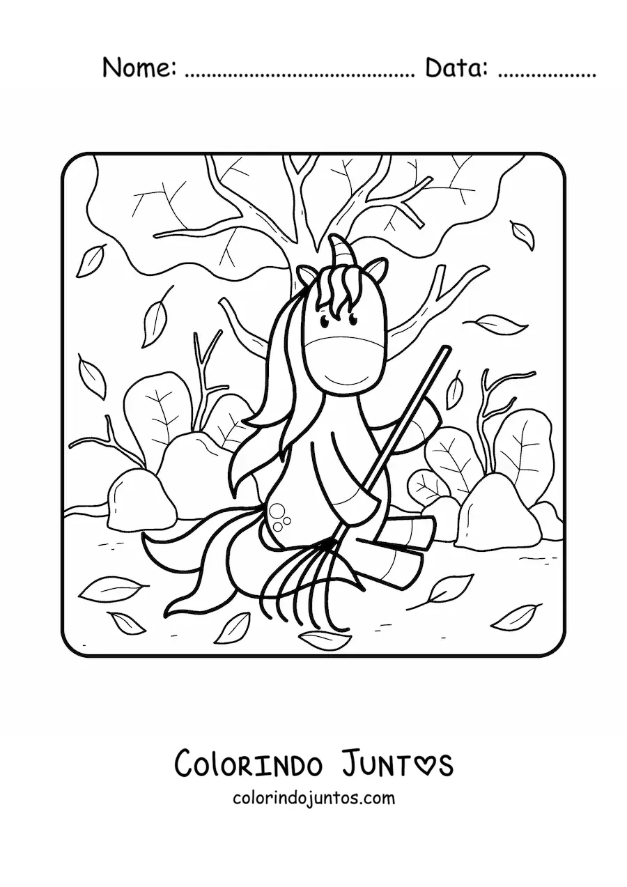 Desenho para colorir de unicórnio varrendo folhas de outono