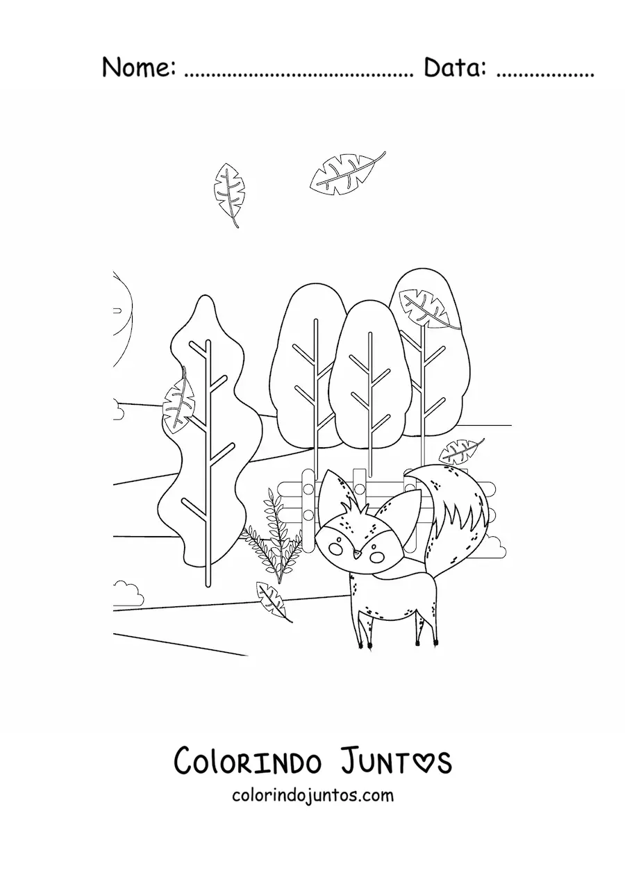 Desenho para colorir de raposa e paisagem de outono