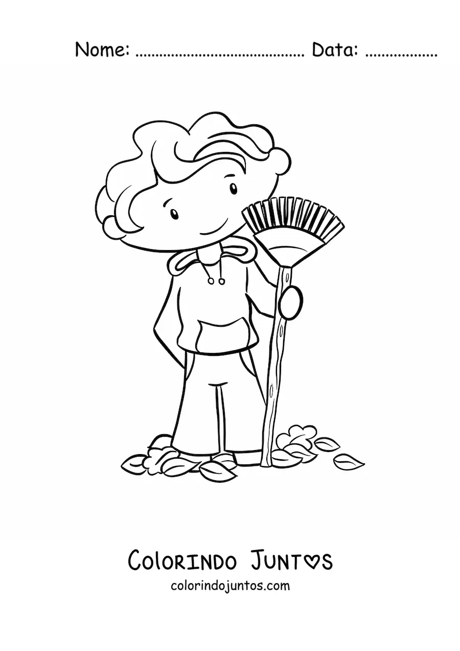 Desenho para colorir de menino varrendo folhas de outono