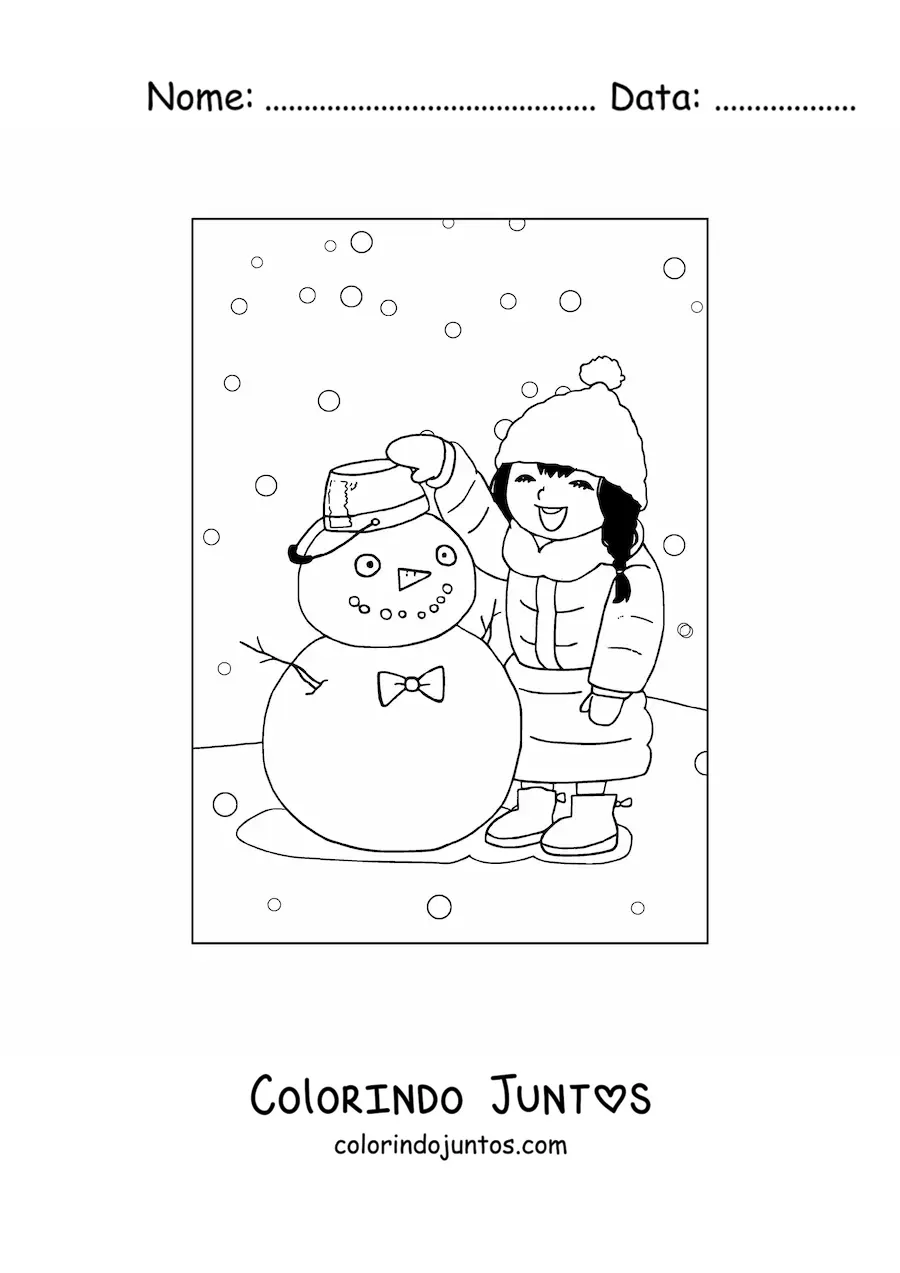Desenho para colorir de menina kawaii no inverno com boneco de neve