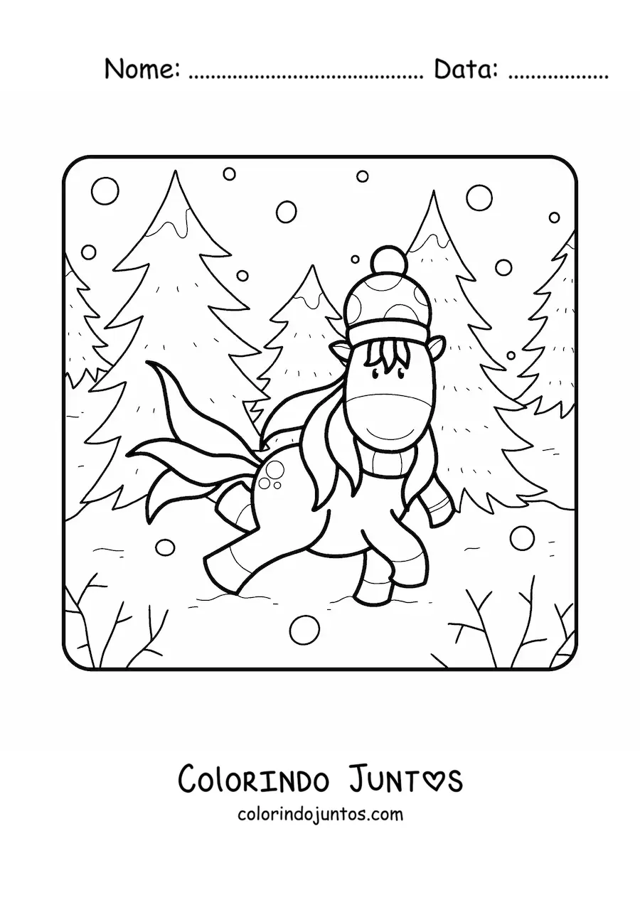 Desenho para colorir de unicórnio em uma floresta de inverno