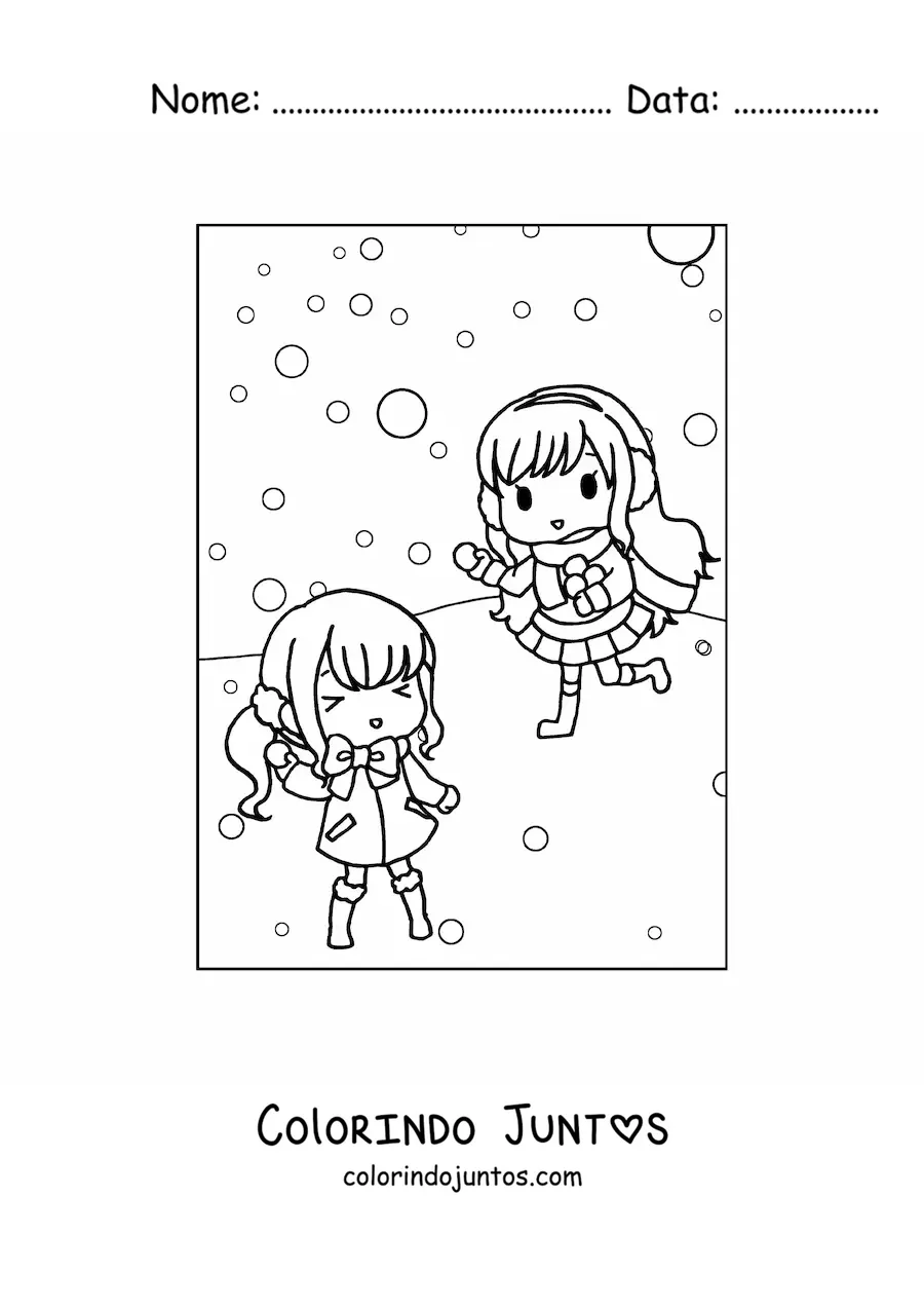 Desenho para colorir de meninas kawaii no inverno