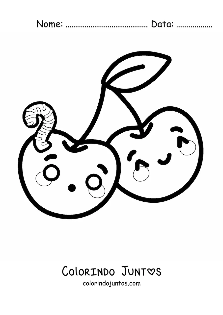 Desenho para colorir de duas cerejas kawaii com minhoca