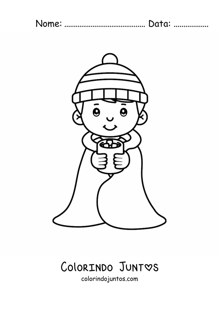 Desenho para colorir de menino kawaii com frio no inverno