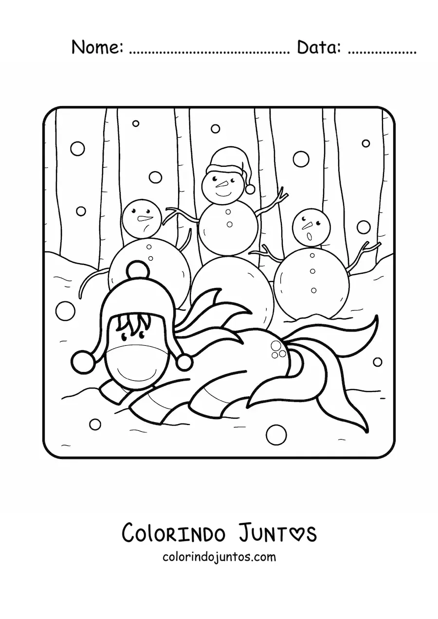 Desenho para colorir de unicórnio com bonecos de neve
