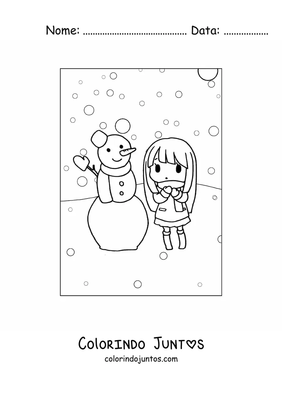 Desenho para colorir de menina kawaii com boneco de neve
