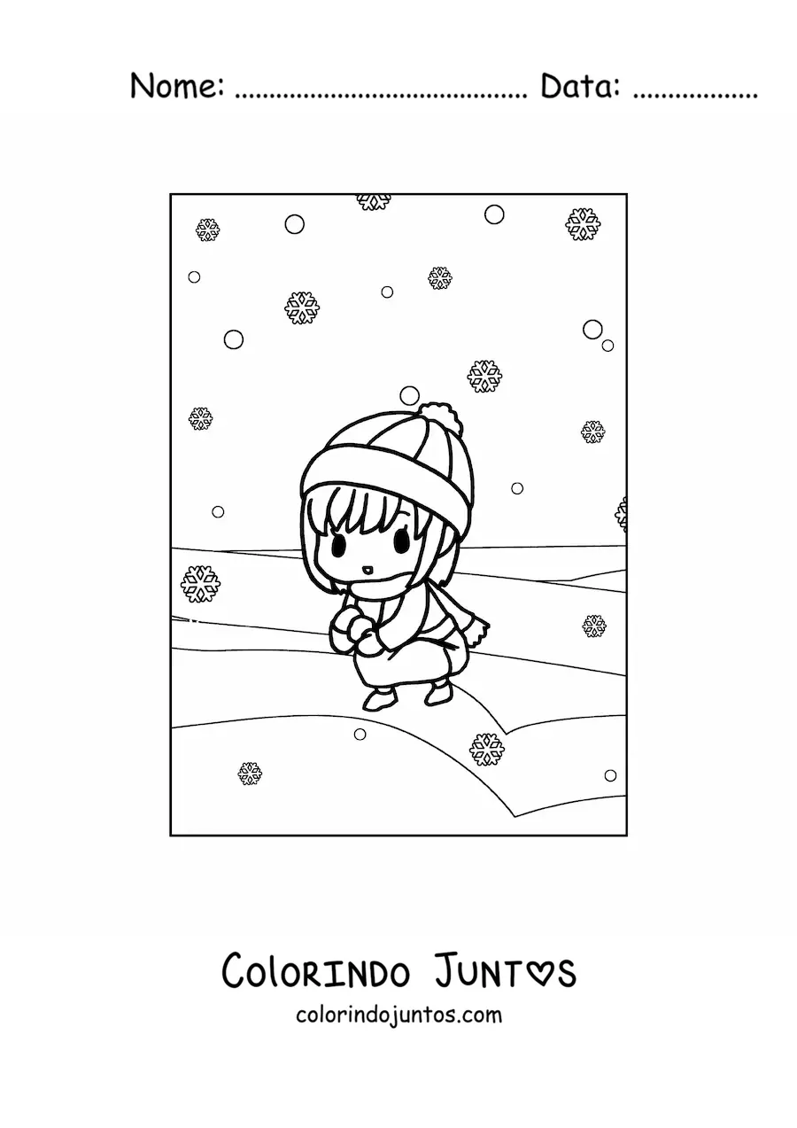 Desenho para colorir de menina kawaii na neve