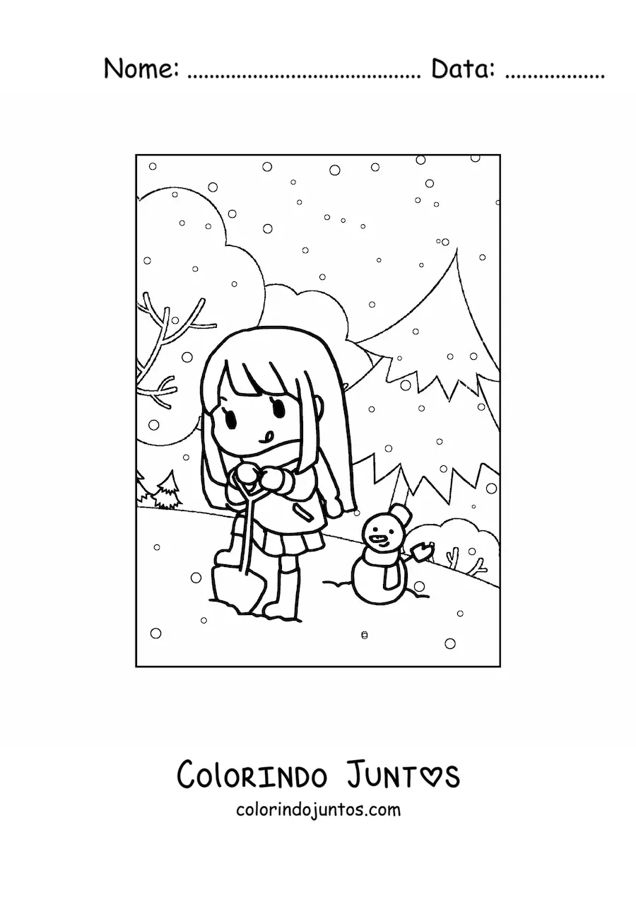 Desenho para colorir de menina kawaii brincando na neve