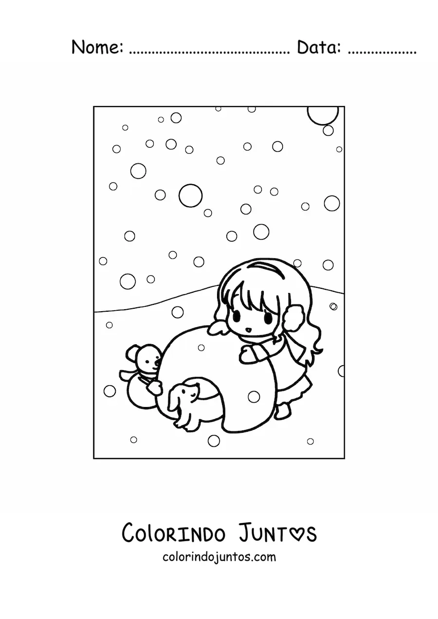Desenho para colorir de menina kawaii com iglu