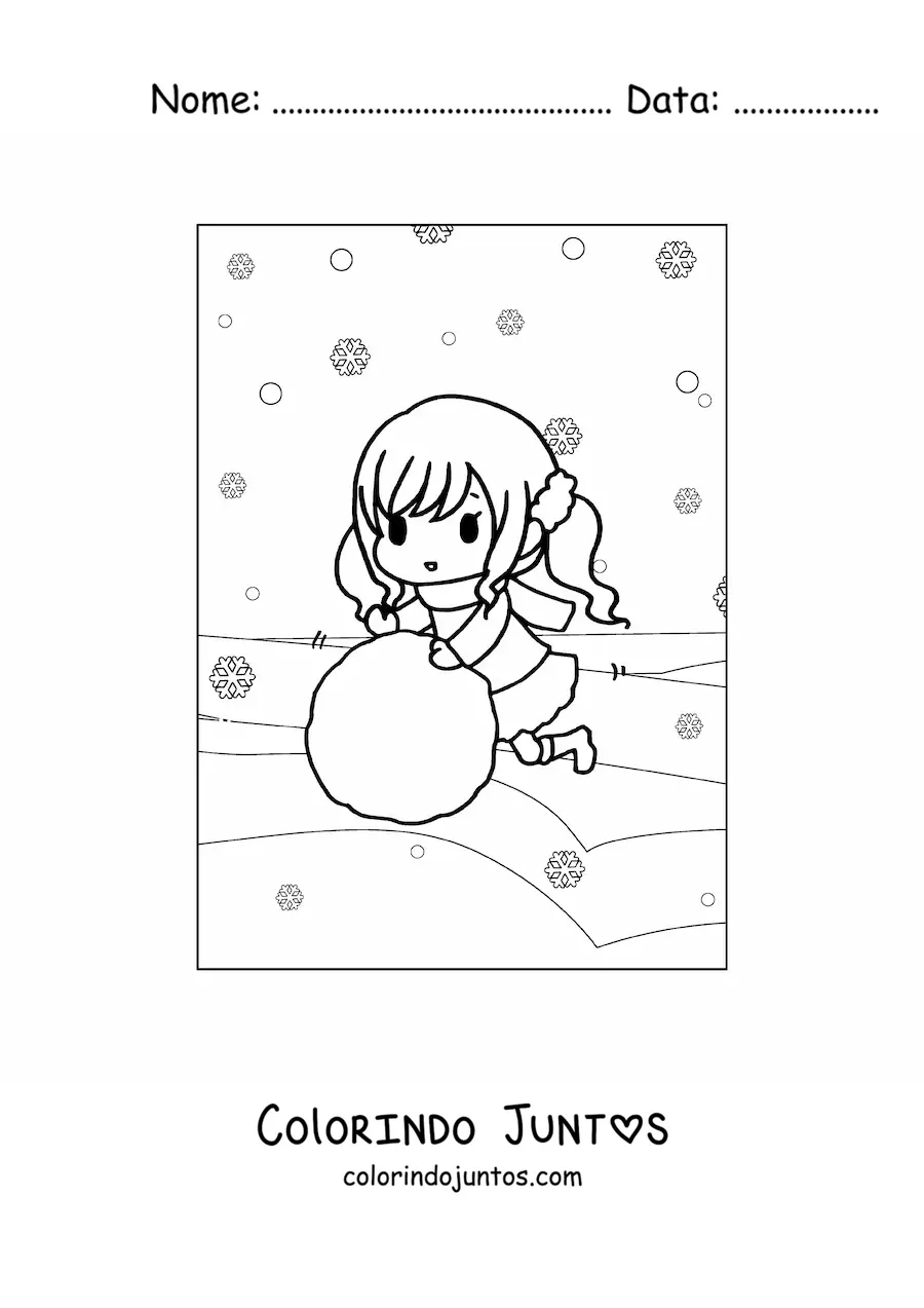 Desenho para colorir de menina kawaii com bola de neve