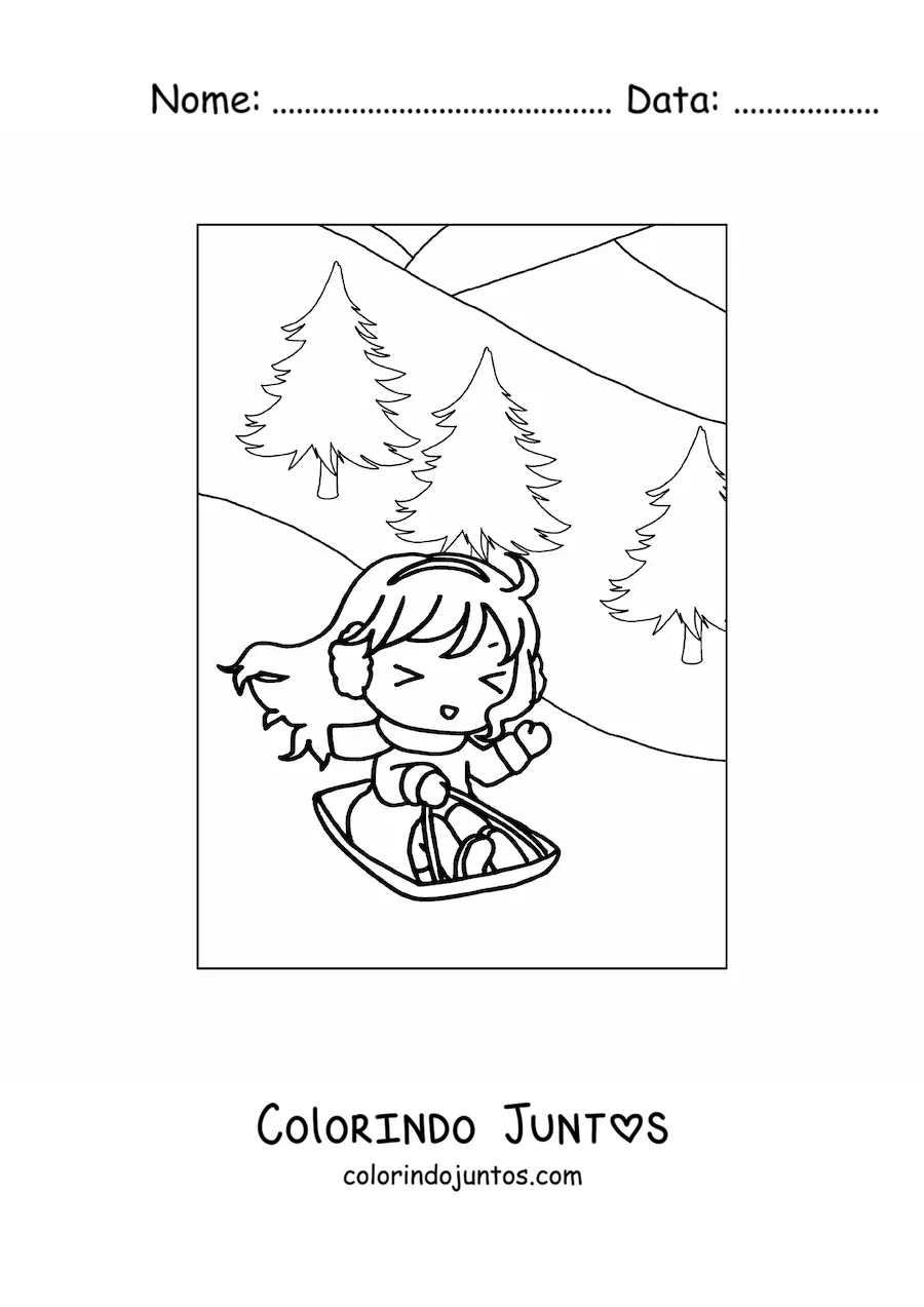 Desenho para colorir de menina kawaii feliz no trenó