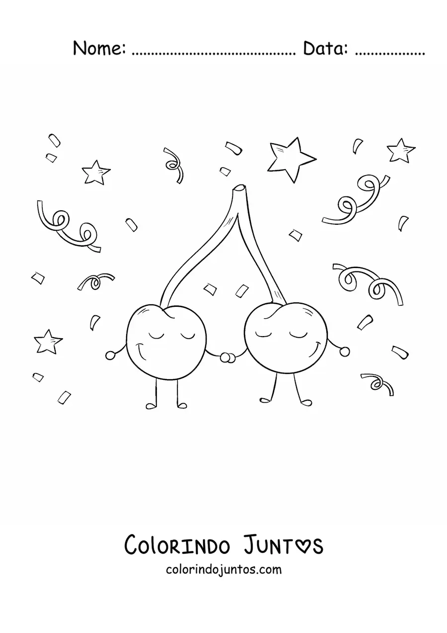 Desenho para colorir de duas cerejas animadas de mãos dadas com confete ao fundo