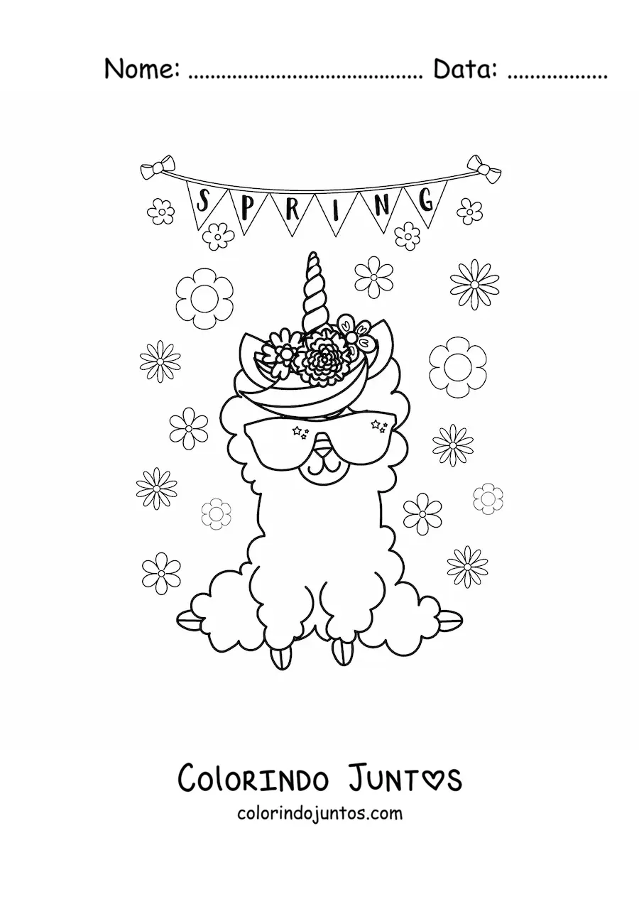 Desenho para colorir de primavera em inglês com lhama kawaii