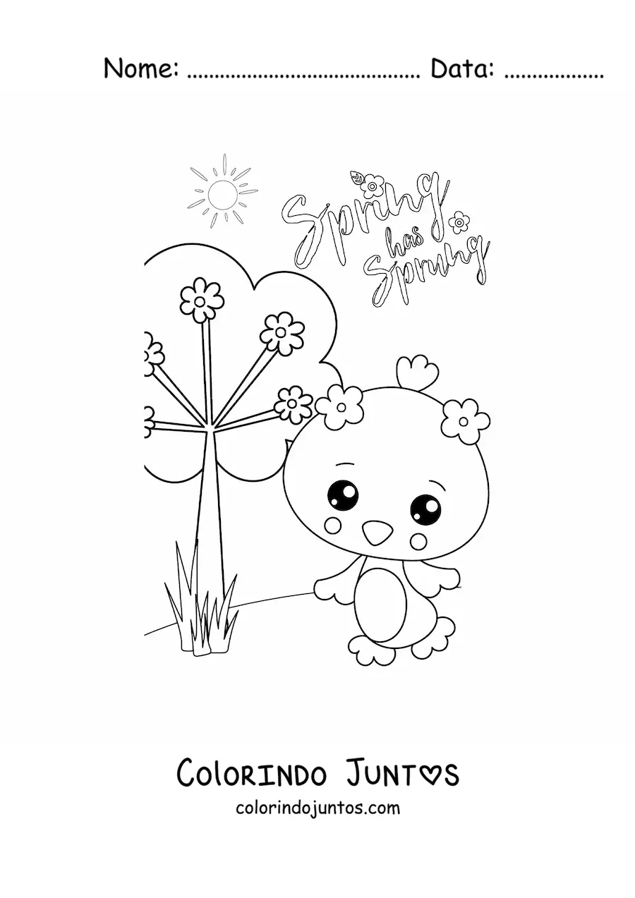 Desenho para colorir de primavera em inglês com pintinho kawaii