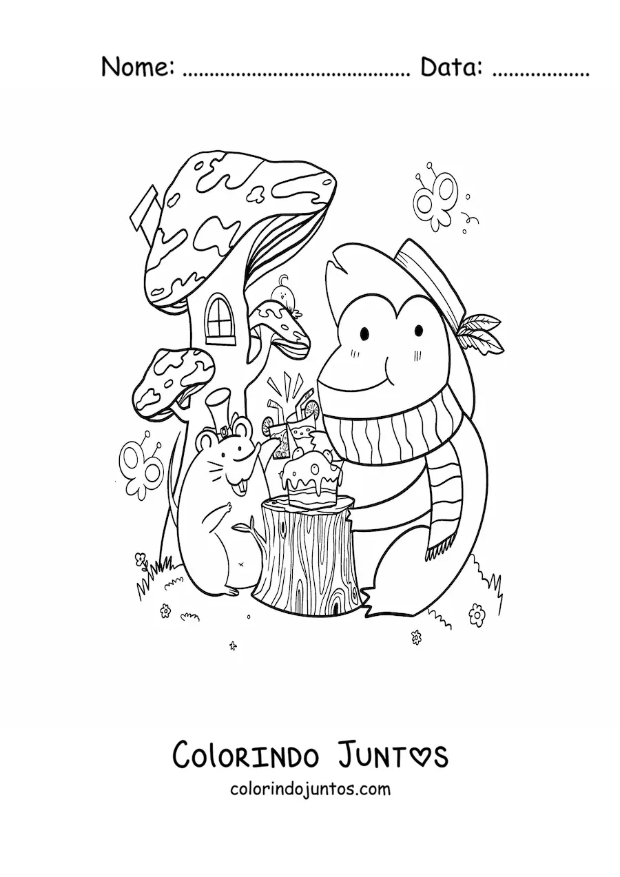 Desenho para colorir de sapo e rato animados kawaii em uma festa