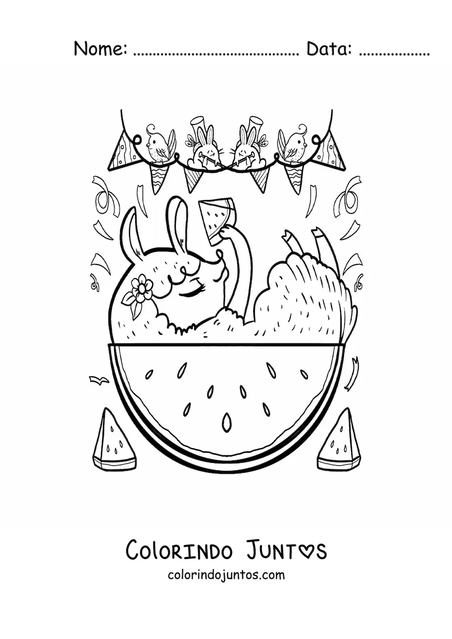 Desenho para colorir de animais kawaii animados comendo melancia