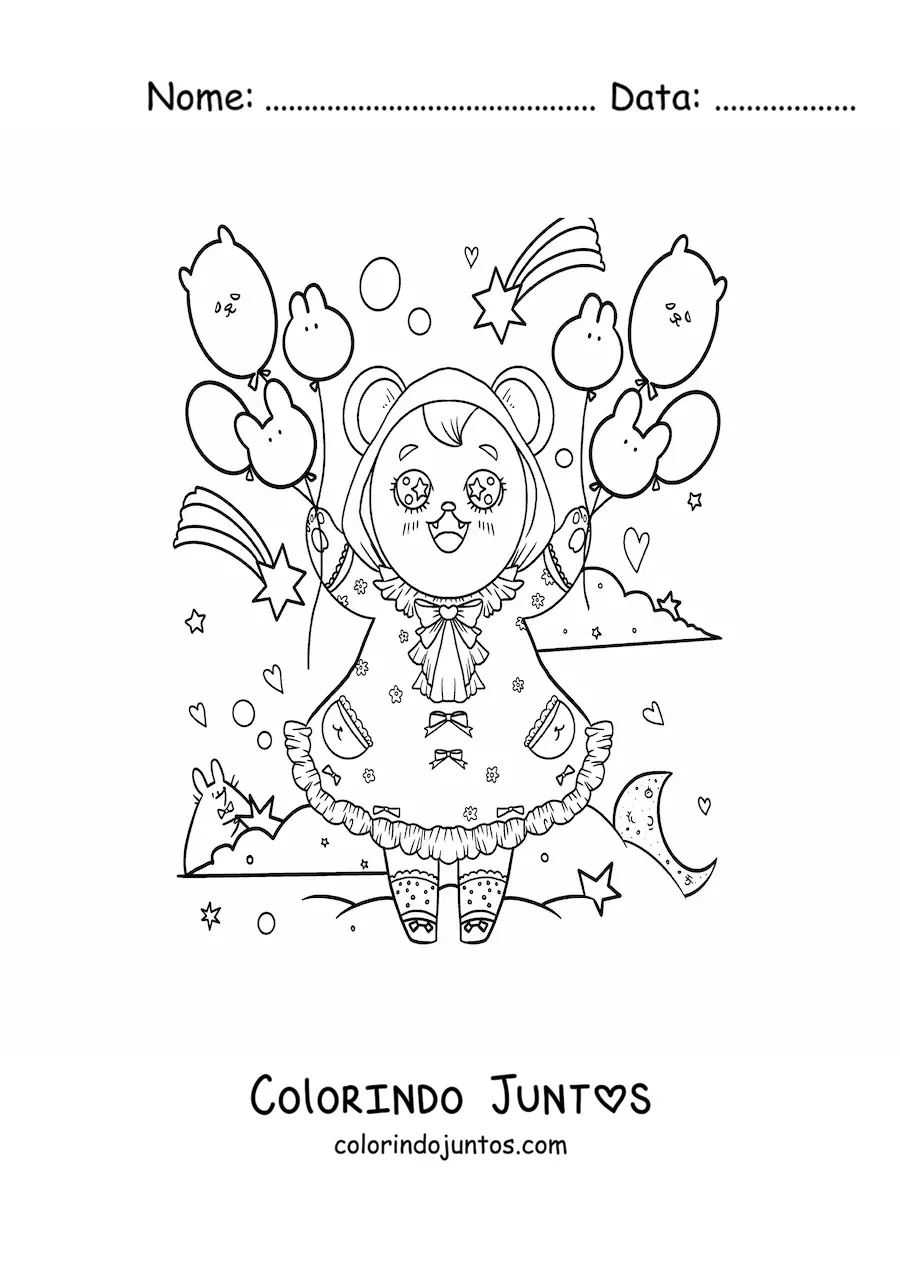 Desenho para colorir de ursinha kawaii animada com vestido e balões