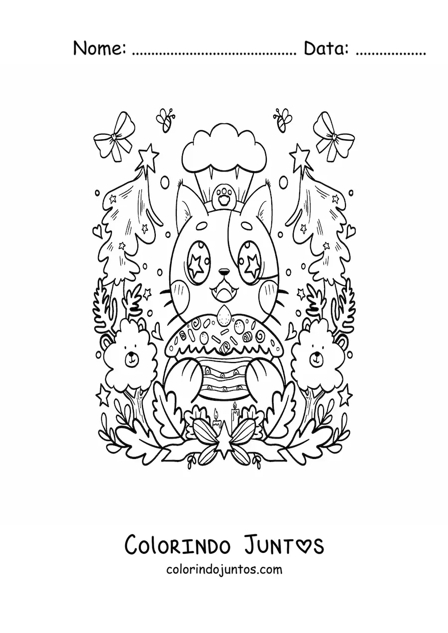 Desenho para colorir de gato chef kawaii animado com um bolo