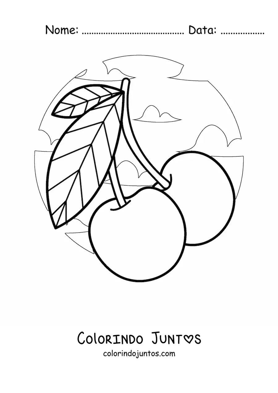 Desenho para colorir de duas cerejas com nuvens ao fundo