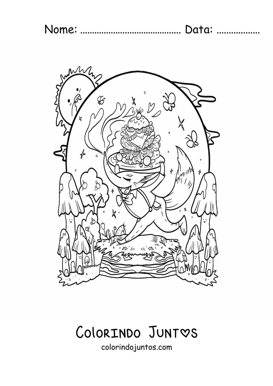 Desenho para colorir de raposa kawaii animada com um sanduíche apetitoso