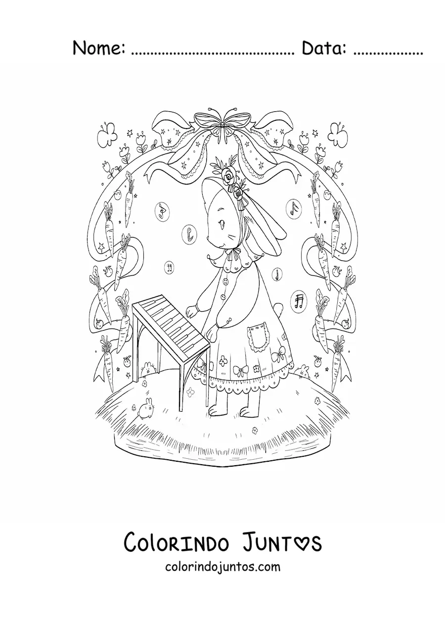 Desenho para colorir de coelhinha kawaii animada tocando piano
