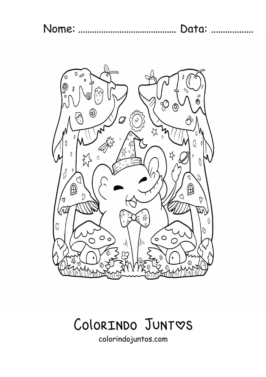 Desenho para colorir de elefante kawaii animado com cogumelos de fantasia