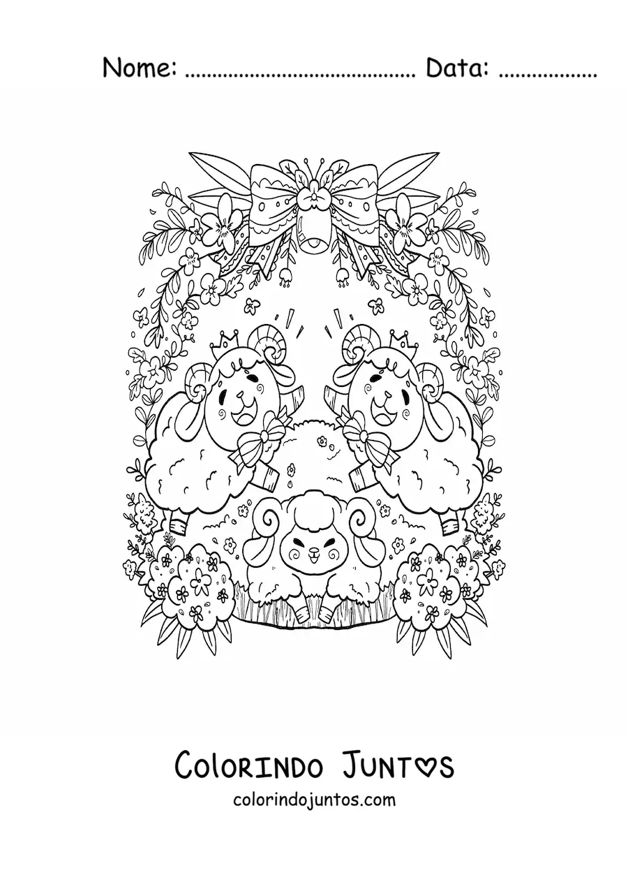 Desenho para colorir de carneiros kawaii animados com flores