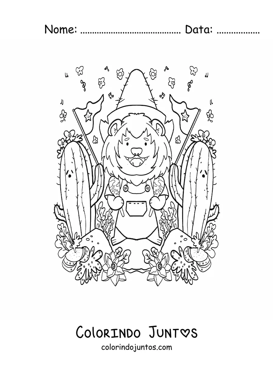Desenho para colorir de leão kawaii animado com cacto