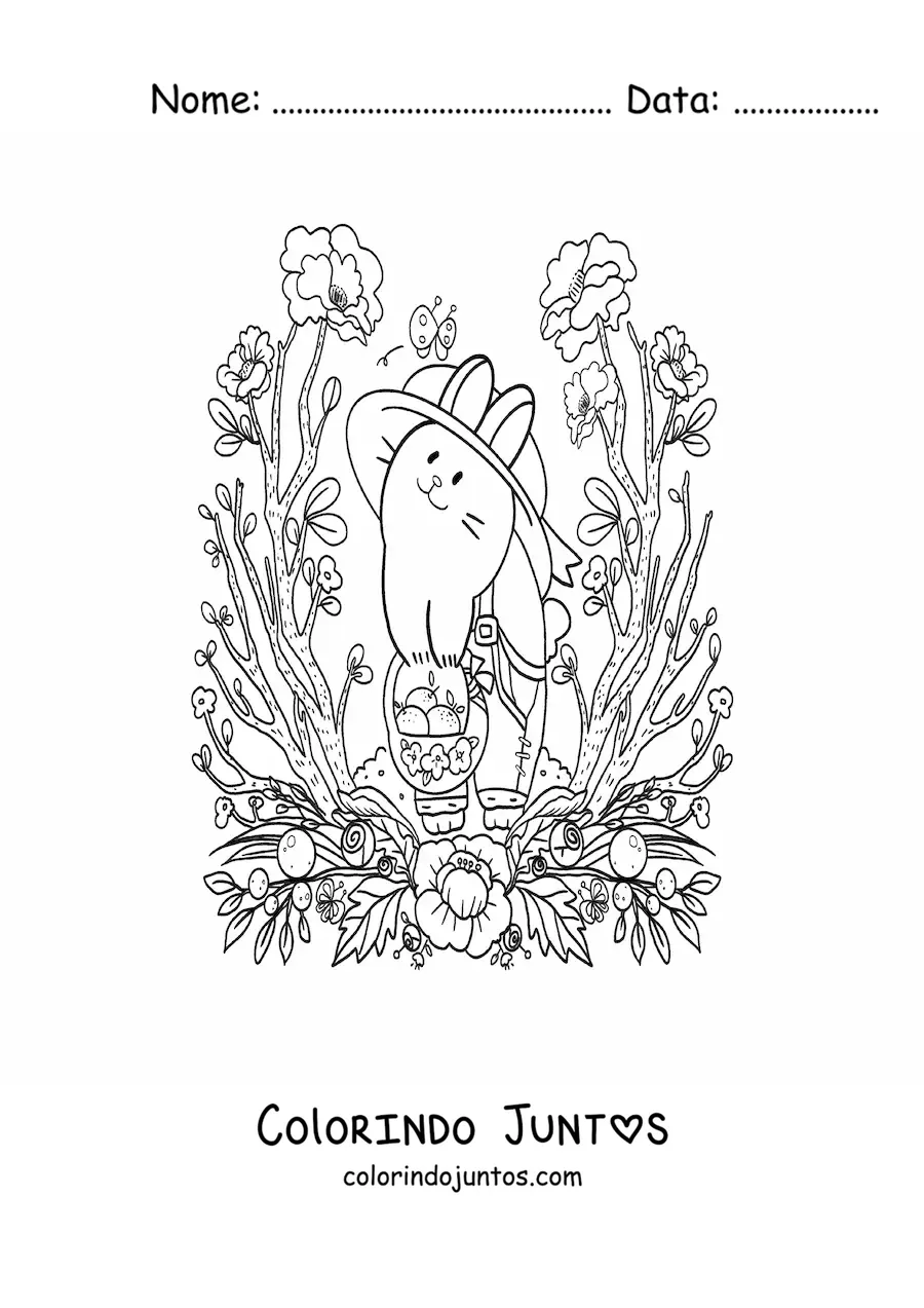 Desenho para colorir de coelhinho kawaii animado colhendo laranjas