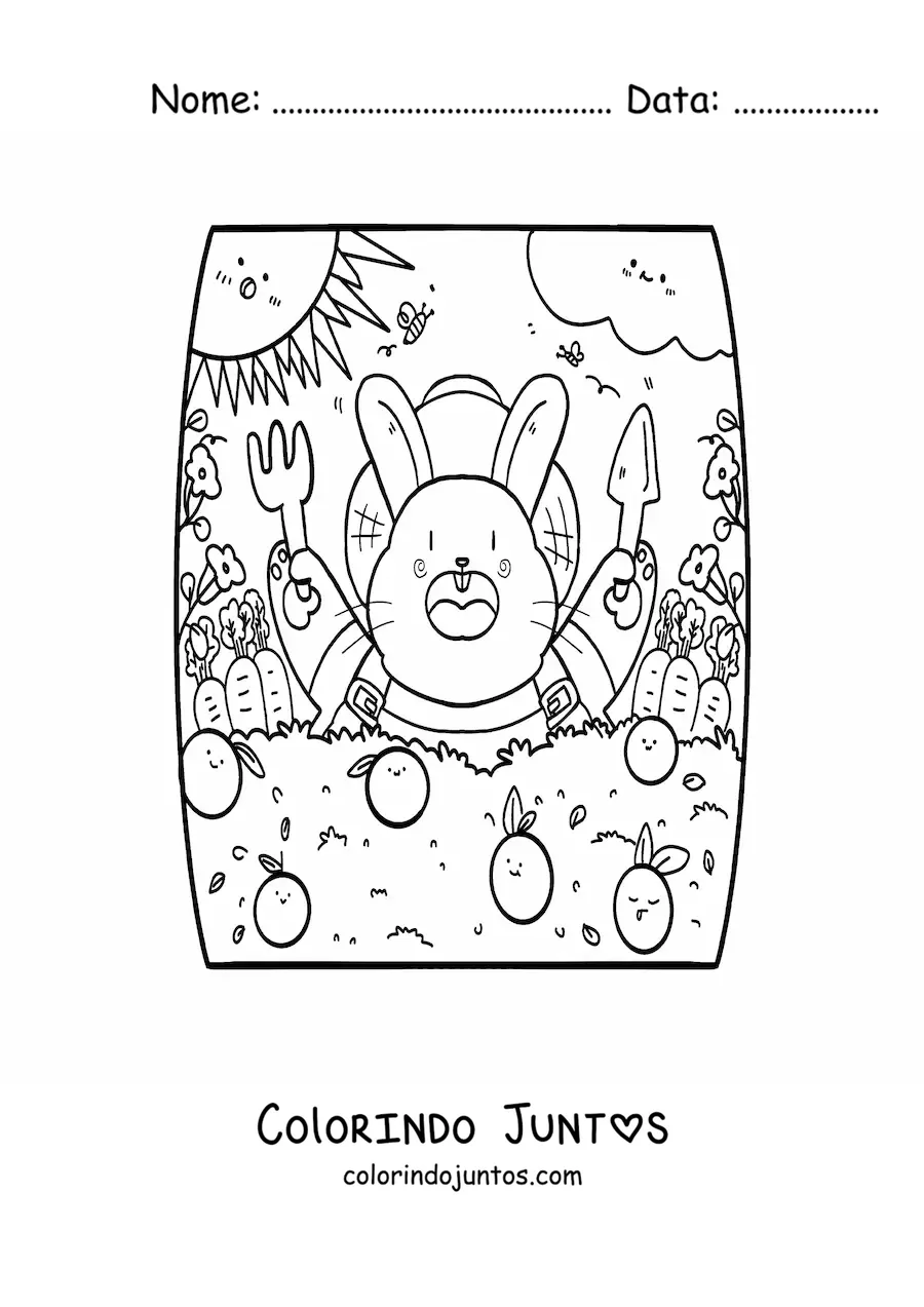 Desenho para colorir de coelho fofo animado comendo laranjas